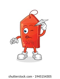 discount tag with paper plane character. cartoon mascot vector