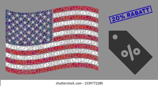 Discount tag pictograms are grouped into USA flag collage with blue rectangle corroded stamp seal of 20% Rabatt text. Vector concept of USA waving official flag is created with discount tag items.