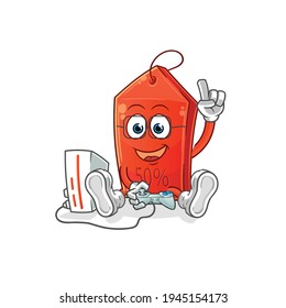 discount tag playing video games vector. cartoon character