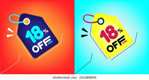 Discount tag for promotion with sale 18% off. Same model with different colors split in half in the background