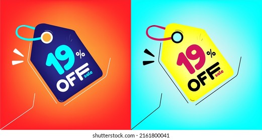 Discount tag for promotion with sale 19% off. Same model with different colors split in half in the background