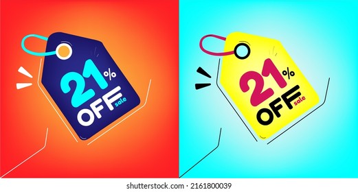 Discount tag for promotion with sale 21% off. Same model with different colors split in half in the background