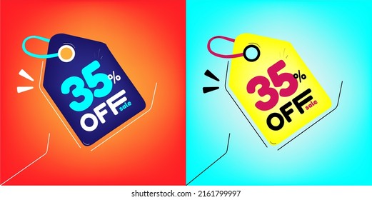 Discount tag for promotion with sale 35% off. Same model with different colors split in half in the background