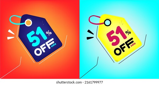 Discount tag for promotion with sale 51% off. Same model with different colors split in half in the background