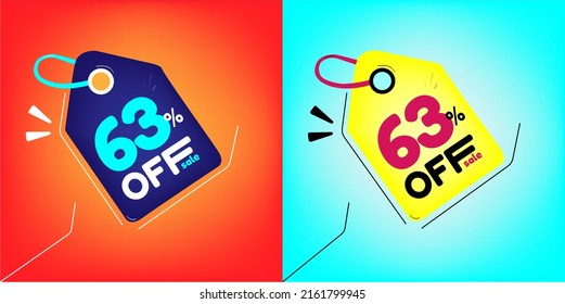 Discount tag for promotion with sale 63% off. Same model with different colors split in half in the background