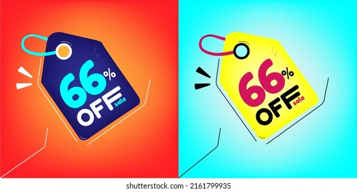 Discount tag for promotion with sale 66% off. Same model with different colors split in half in the background