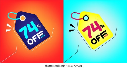 Discount tag for promotion with sale 74% off. Same model with different colors split in half in the background