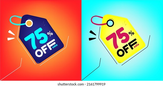 Discount tag for promotion with sale 75% off. Same model with different colors split in half in the background