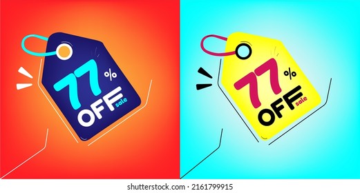 Discount tag for promotion with sale 77% off. Same model with different colors split in half in the background