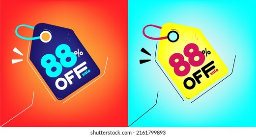 Discount tag for promotion with sale 88% off. Same model with different colors split in half in the background