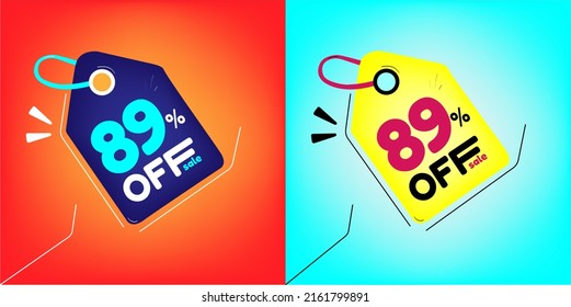Discount tag for promotion with sale 89% off. Same model with different colors split in half in the background