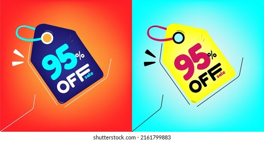 Discount tag for promotion with sale 95% off. Same model with different colors split in half in the background