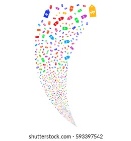 Discount Tag random fireworks stream. Vector illustration style is flat bright multicolored iconic symbols on a white background. Object fountain done from scattered pictograms.