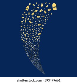 Discount Tag random fireworks stream. Vector illustration style is flat yellow iconic symbols on a blue background. Object fountain made from scattered pictographs.
