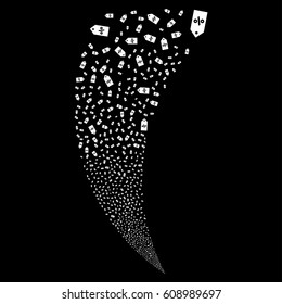 Discount Tag random fireworks stream. Vector illustration style is flat white iconic symbols on a black background. Object fountain constructed from scattered pictograms.