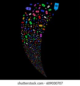 Discount Tag random fireworks stream. Vector illustration style is flat bright multicolored iconic symbols on a black background. Object fountain combined from scattered pictograms.