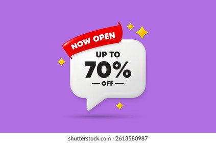 Discount tag ribbon speech bubble. Now open flag ribbon. Up to 70 percent off sale. Discount offer price sign. Special offer symbol. Save 70 percentages. 3d sparkle stars speech bubble. Vector