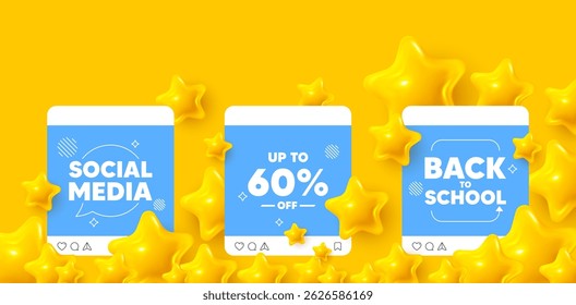 Discount tag social media post. Back to school template. Up to 60 percent off sale. Discount offer price sign. Special offer symbol. Save 60 percentages. Like, comment and share icons. Vector
