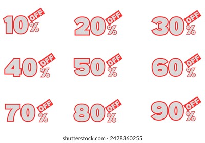Discount tag special offer sale percentage vector. Price reduction label badge. Set of promotion emblem 10, 20, 30, 40, 50, 60, 70, 80, 90 percent off design isolated white background.