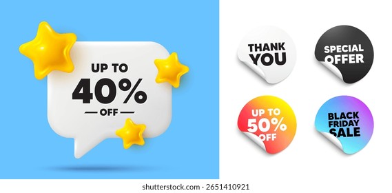 Bolha de fala de etiqueta de desconto, etiquetas adesivas. Desconto, adesivos de sexta-feira preta. Até 40% de desconto. Sinal de preço de oferta de desconto. Símbolo de oferta especial. Economize 40 porcentagens. Obrigado, tag. Vetor