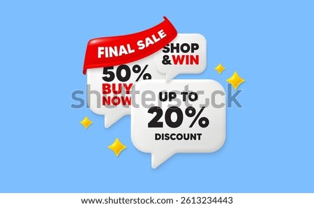 Discount tag speech bubbles. Final sale flag ribbon. Up to 20 percent discount. Sale offer price sign. Special offer symbol. Save 20 percentages. Discount chat bubbles with 3d sparkles. Vector