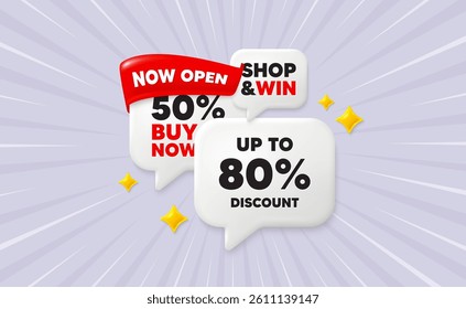 Discount tag speech bubbles. Now open flag ribbon. Up to 80 percent discount. Sale offer price sign. Special offer symbol. Save 80 percentages. Discount chat bubbles with 3d sparkles. Vector