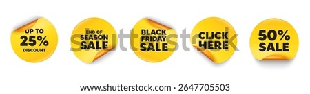 Discount tag sticker tag. 50 percent discount, Black friday paper price banners. Up to 25 percent discount tag. Sale offer price sign. Special offer symbol. Save 25 percentages. Vector