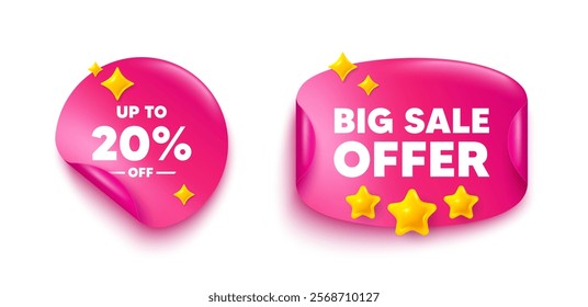 Discount tag sticker tag. Big offer paper price banner. Up to 20 percent off sale. Discount offer price sign. Special offer symbol. Save 20 percentages. Discount sticker with 3d stars. Vector