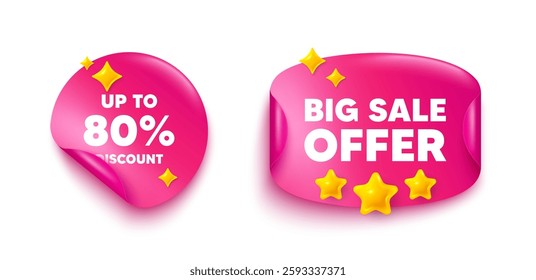 Discount tag sticker tag. Big offer paper price banner. Up to 80 percent discount. Sale offer price sign. Special offer symbol. Save 80 percentages. Discount sticker with 3d stars. Vector