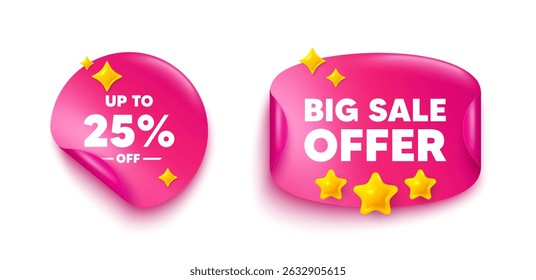 Discount tag sticker tag. Big offer paper price banner. Up to 25 percent off sale. Discount offer price sign. Special offer symbol. Save 25 percentages. Discount sticker with 3d stars. Vector