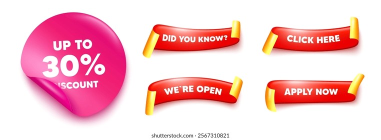 Discount tag sticker, offer ribbons. Apply now, Did you know. Up to 30 percent discount. Sale offer price sign. Special offer symbol. Save 30 percentages. Pink sticker tag. Flag ribbon banners. Vector