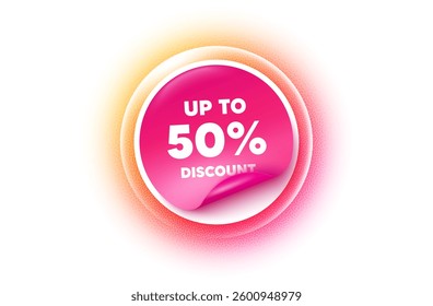 Discount tag sticker orange gradient. Paper offer price tag. Up to 50 percent discount. Sale offer price sign. Special offer symbol. Save 50 percentages. Sticker label. Grain dots effect. Vector