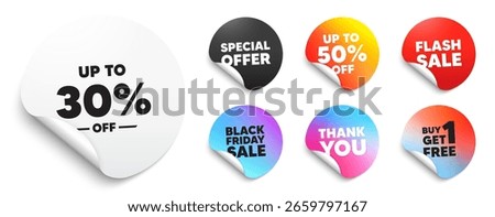 Discount tag sticker tag. Special offer paper price tags. Up to 30 percent off sale. Discount offer price sign. Special offer symbol. Save 30 percentages. Discount, black friday sticker. Vector