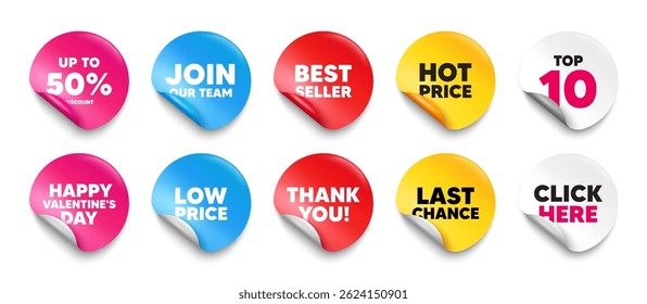 Discount tag sticker tag. Top 10, Best seller, Hot price banners. Up to 50 percent discount. Sale offer price sign. Special offer symbol. Save 50 percentages. Join our team sticker. Vector