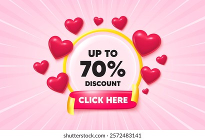 Discount tag sunburst ray banner. Click here flag ribbon. Up to 70 percent discount. Sale offer price sign. Special offer symbol. Save 70 percentages. 3d hearts glitter. Red ribbon tag. Vector