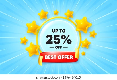 Discount tag sunburst ray banner. Best offer flag ribbon. Up to 25 percent off sale. Discount offer price sign. Special offer symbol. Save 25 percentages. 3d stars glitter. Red ribbon tag. Vector