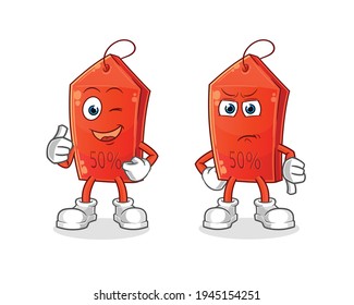 discount tag thumbs up and thumbs down cartoon. cartoon mascot vector