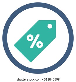 Discount Tag vector bicolor rounded icon. Image style is a flat icon symbol inside a circle, cobalt and cyan colors, white background.