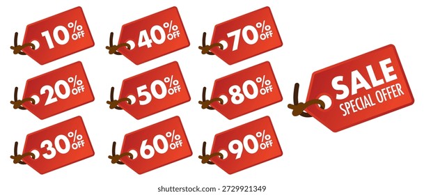 Discount tag vector illustration set. 9 types ranging from 10% to 90%. Vector illustration on a white background.