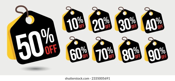 Discount Tags 10% 20% 30% 40% 50% 60% 70% 80% and 90% Off. In black and yellow