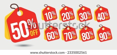 Discount Tags 10% 20% 30% 40% 50% 60% 70% 80% and 90% Off. In red and orange