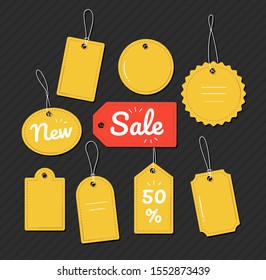 Discount tags collection - flat design style clip art with space for your information. A set of yellow labels of different shapes and forms with strings. Sale, special offer, symbols. Shopping theme