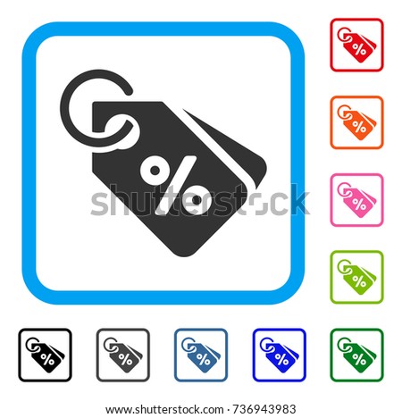 Discount Tags icon. Flat gray iconic symbol inside a light blue rounded frame. Black, gray, green, blue, red, orange color versions of Discount Tags vector.