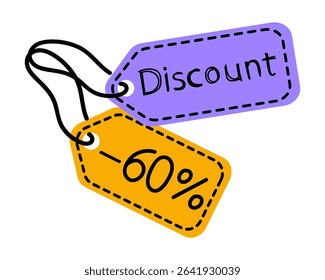 Discount tags indicating a 60 percent reduction in price for a promotional sale event