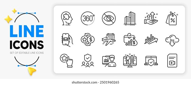 Discount tags, Mental conundrum and Salary line icons set for app include Mail app, Not looking, Security agency outline thin icon. Analysis graph, Laptop insurance. Vector