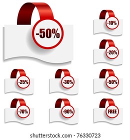 Discount tags on bent red ribbon vector collection.