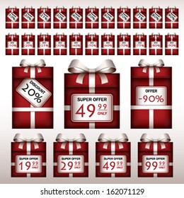 Discount tags on red gift boxes