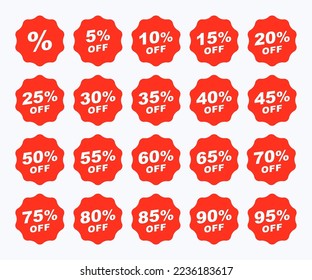 Discount tags with percentage graphic design. Set sale 10%, 20%, 30%, 40%, 50%, 60%, 70%, 80%, 90% off starburst sticker vector design. Special offer price sign banners