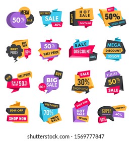 Discount tags. Product ads special offer badges low prices promotional labels hot sale best vector shopping colored stickers