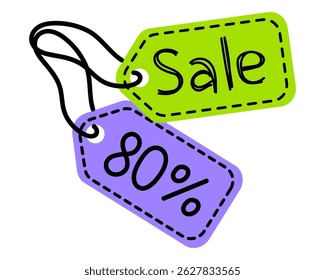 Discount tags promoting 80 percent off during a seasonal sale event in a vibrant and colorful design